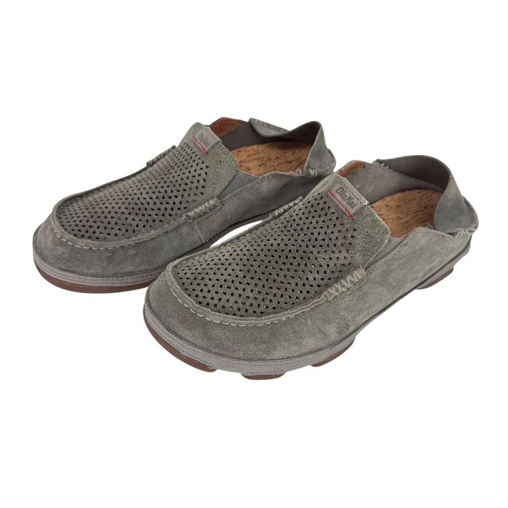 OluKai Moloa Kohana Grey Suede Slip On Driving Loafers Mens 8 Drop-In Heel